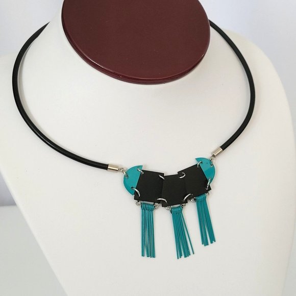 Industrial Look 16" Choker Necklace Black Plastic Medallions Dangles Blue Teal - Picture 3 of 10